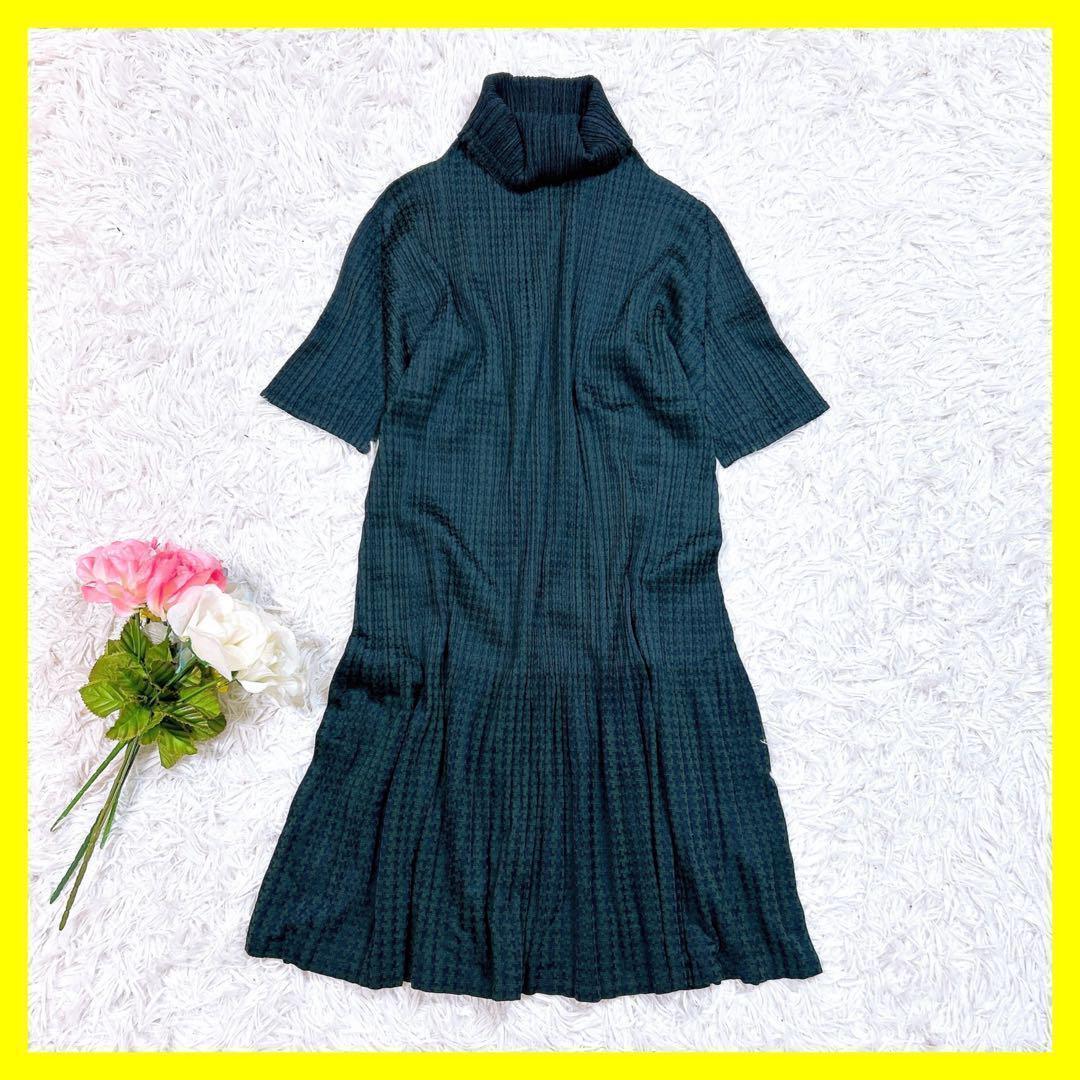 PLEATS PLEASE ワンピース 総柄　ハイネック グリーン　サイズ3
