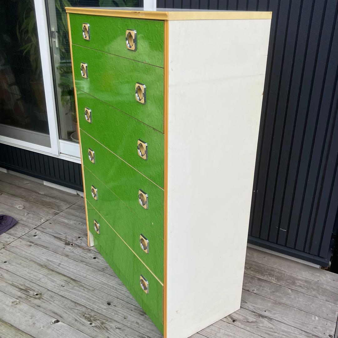 昭和レトロ 薔薇柄 花柄 木製チェスト 6段7杯 タンス 古家具 ビンテージ 緑