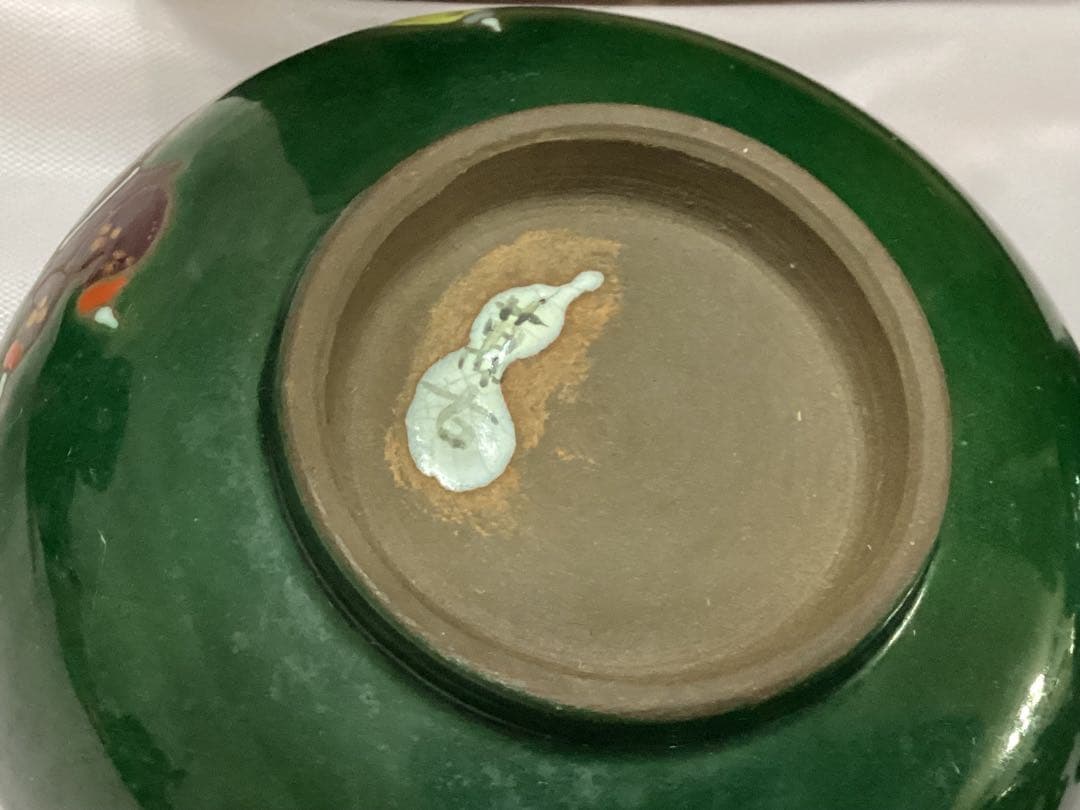 支那人形　萬古焼　茶道具セット 煎茶　緑色 陶器製 木箱　唐子の玉遊び模様