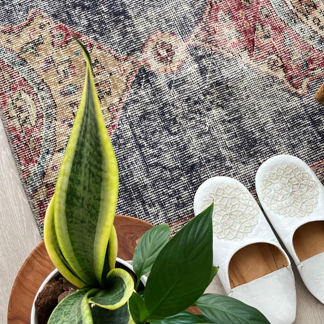 デニムブルー✳︎64×61 シャビー　キャラメル　レッド　トルコヴィンテージラグ