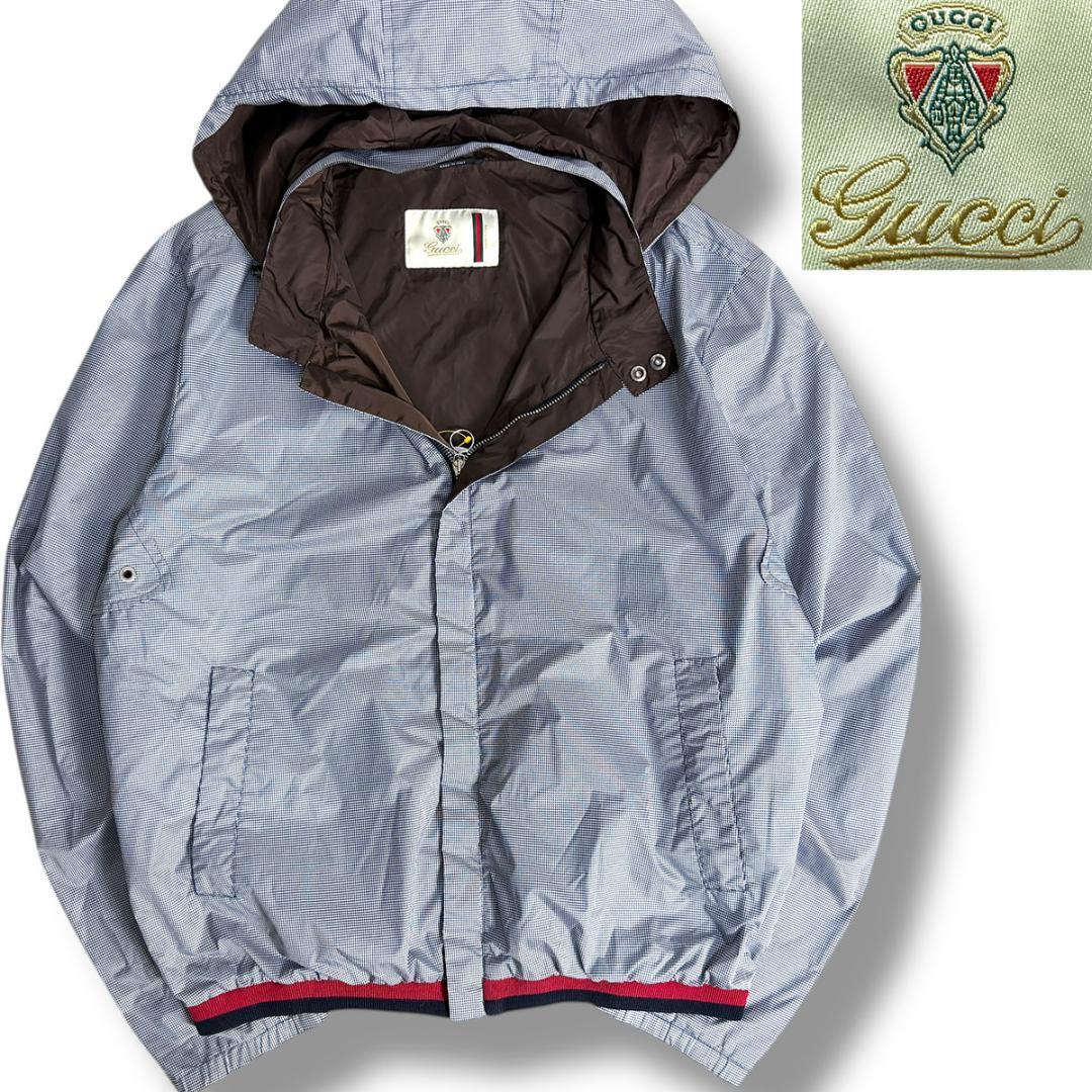 J5042 美品 グッチ ギンガムチェック マウンテンパーカー ブルー系 52