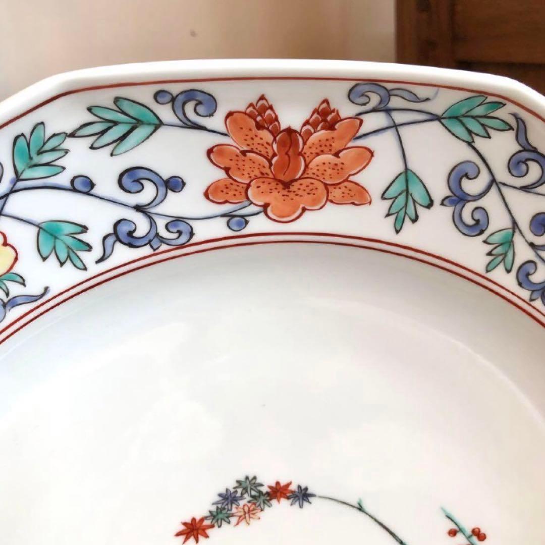 【木箱付き】 柿右衛門 色絵竹梅鶉　十角皿