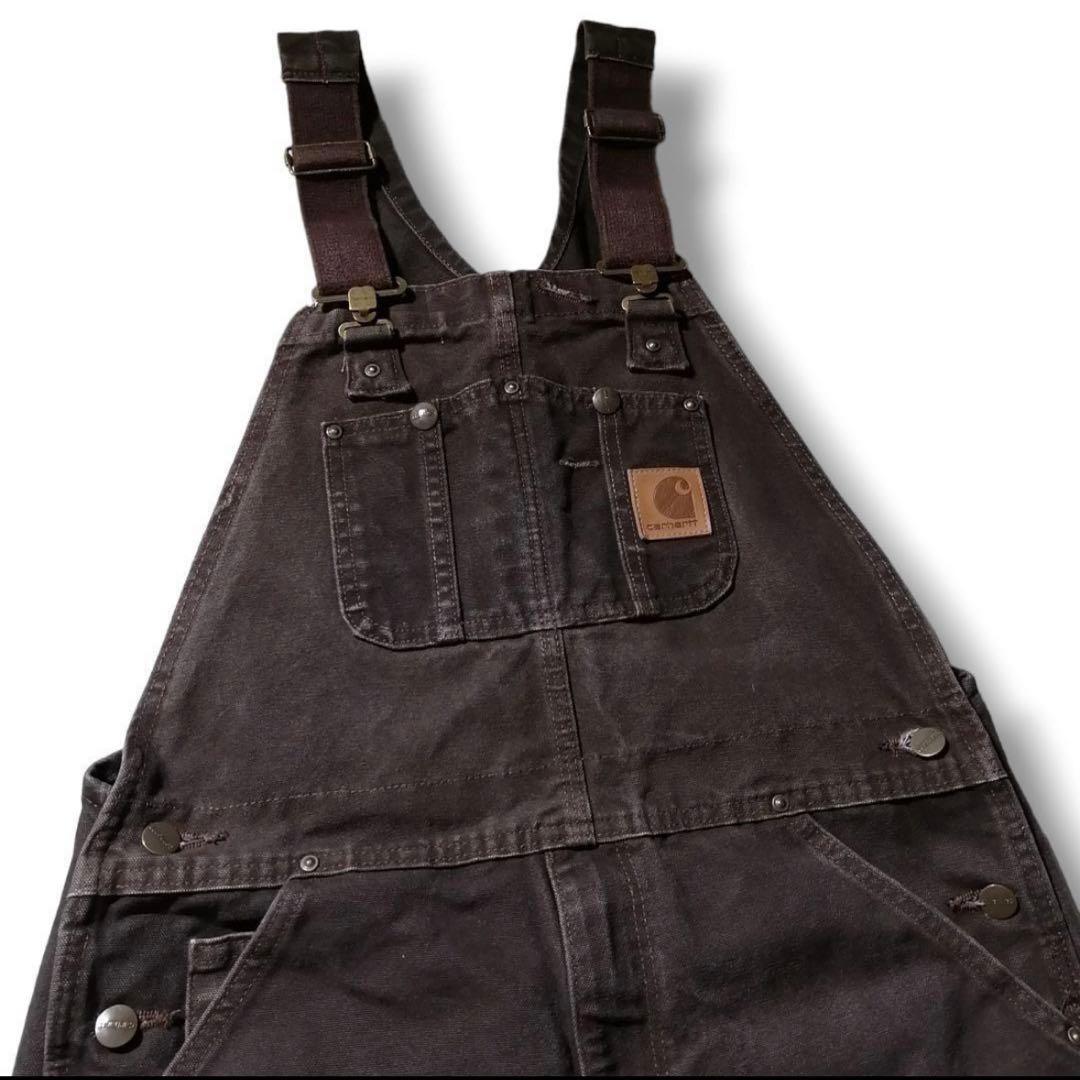 カーハートダブルニーダック地オーバーオールダークブラウン茶色W34古着 3475