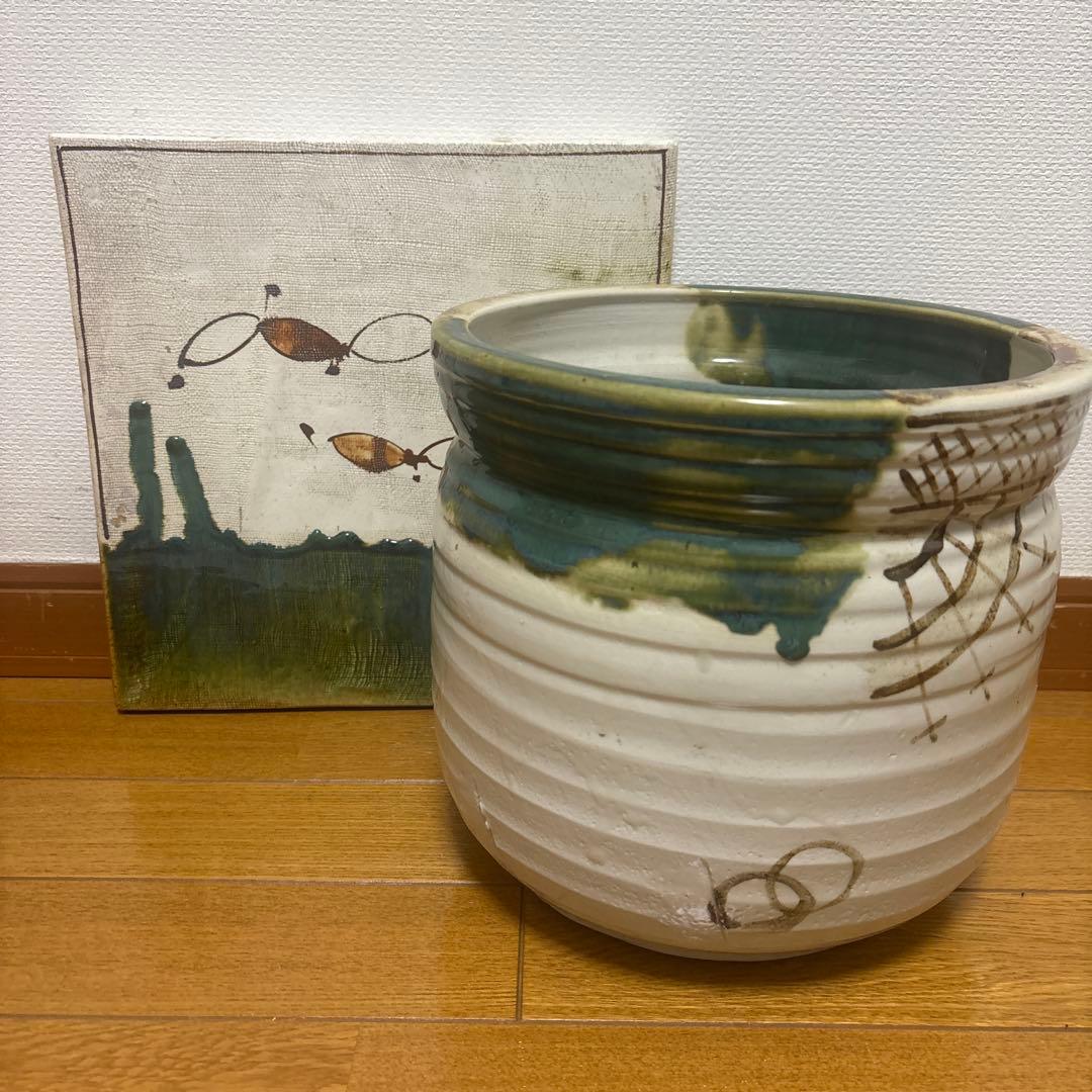 茶道具　陶器 陶板、水差し セット手描き 魚のモチーフ