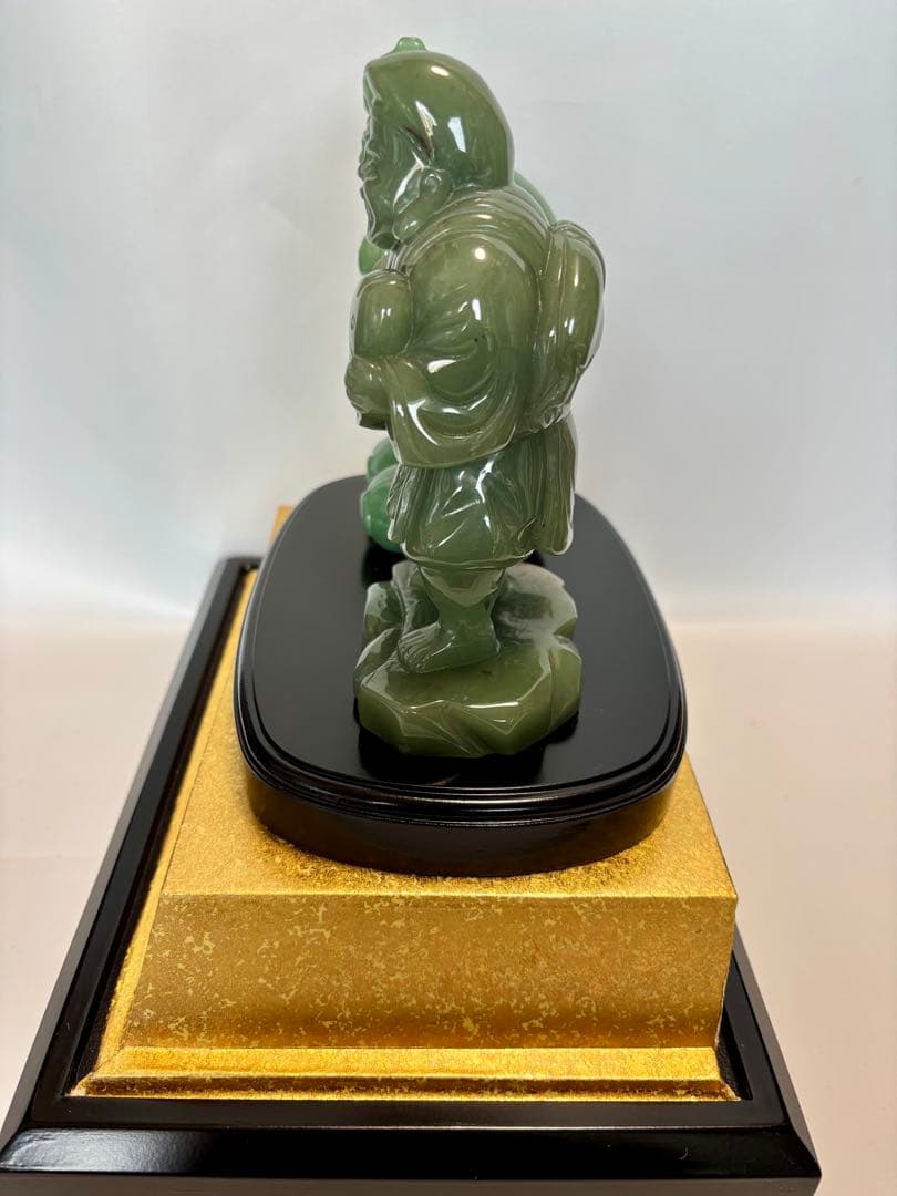 #伝統工芸士・やまなし名工・保山作【恵比須大黒 】翡翠彫刻置物 ガラスケース付