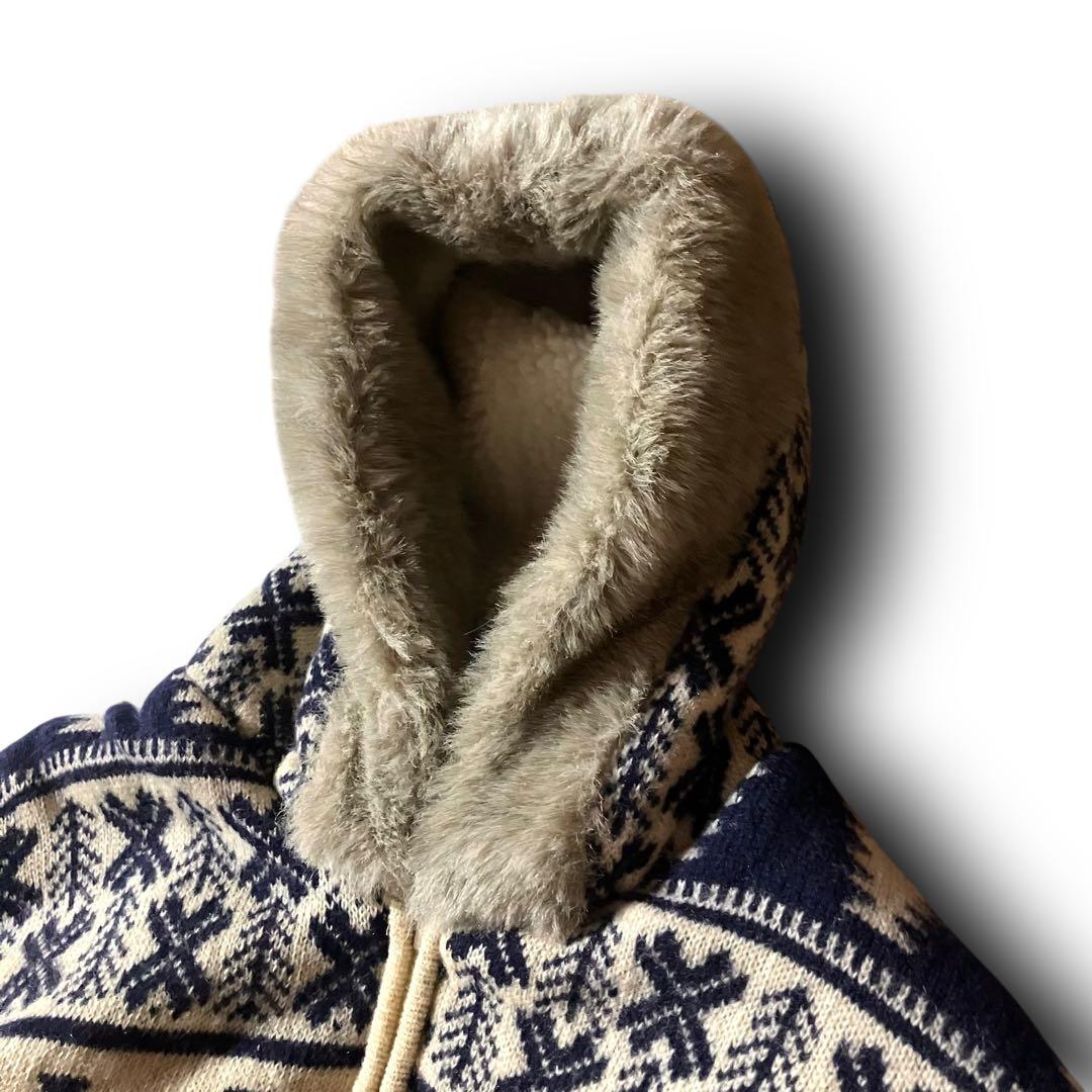 BLAIZE様☆ノルディック柄カウチンニットセーター総柄ファーフーディジップアッ