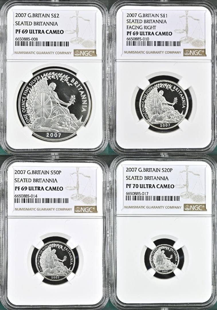 2007年 イギリス シーテット ブリタニア ライオン 銀貨 4枚セット NGC