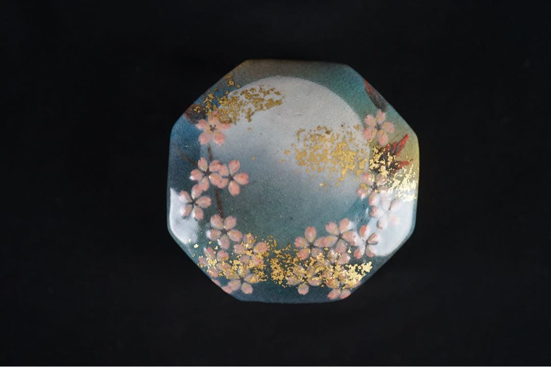 十二代 坂高麗左衛門 (熊峰) 萩陶彩華枝垂桜図八角香合 共箱 茶道具