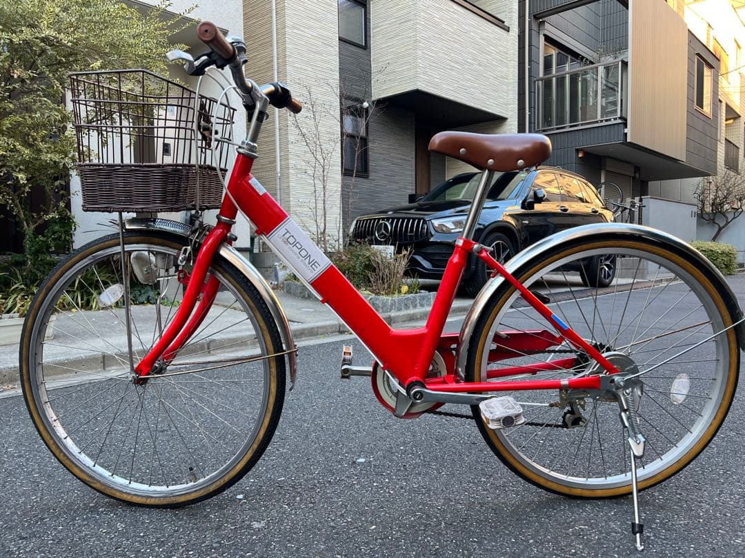 TOPONE 24インチ 自転車 赤 前カゴ付き 6段変速