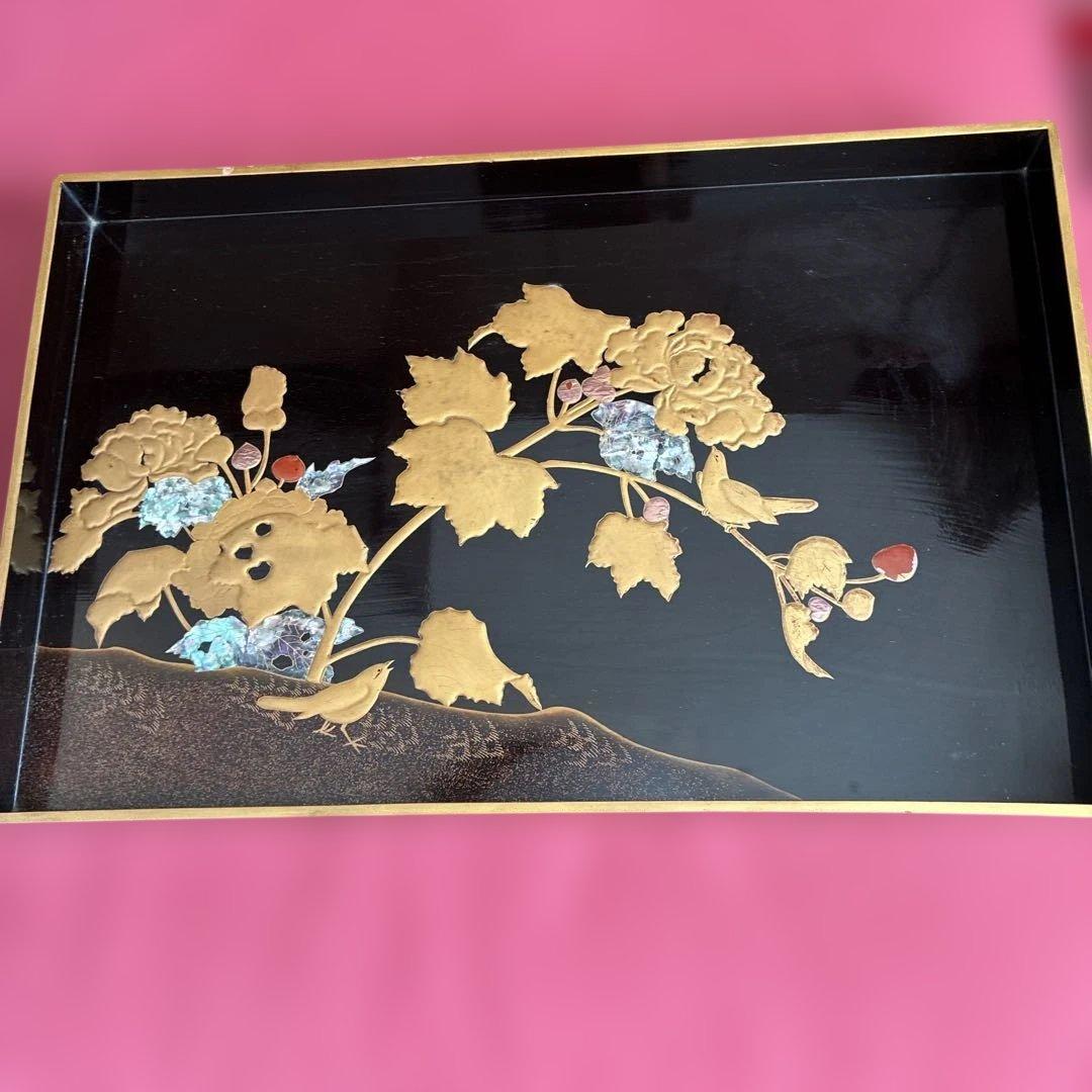 52×34×5 四角お盆アンティーク　螺鈿、金細工等