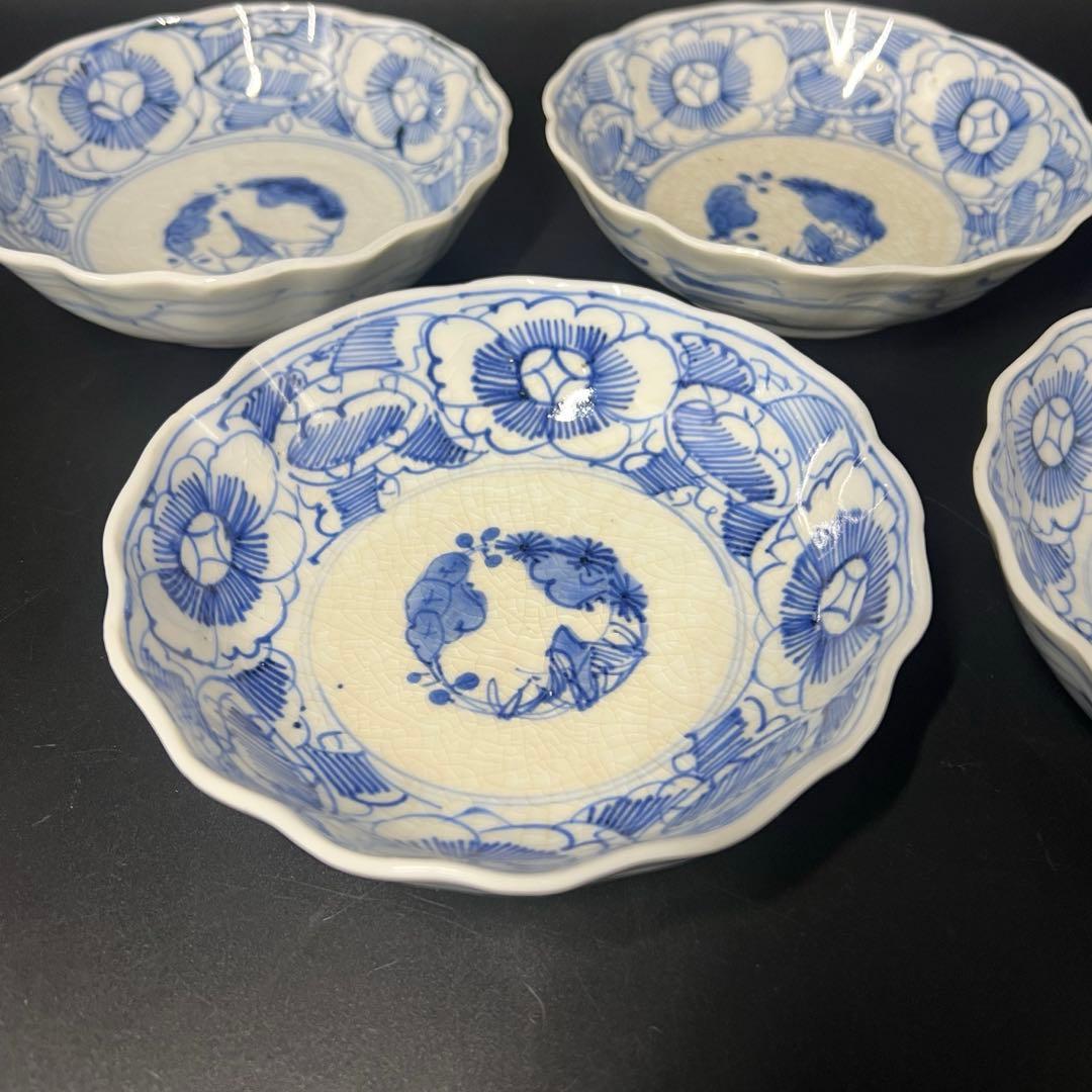 明治期 染付 松竹梅図 なます皿 5客揃 白磁 貫入◎古道具庵々