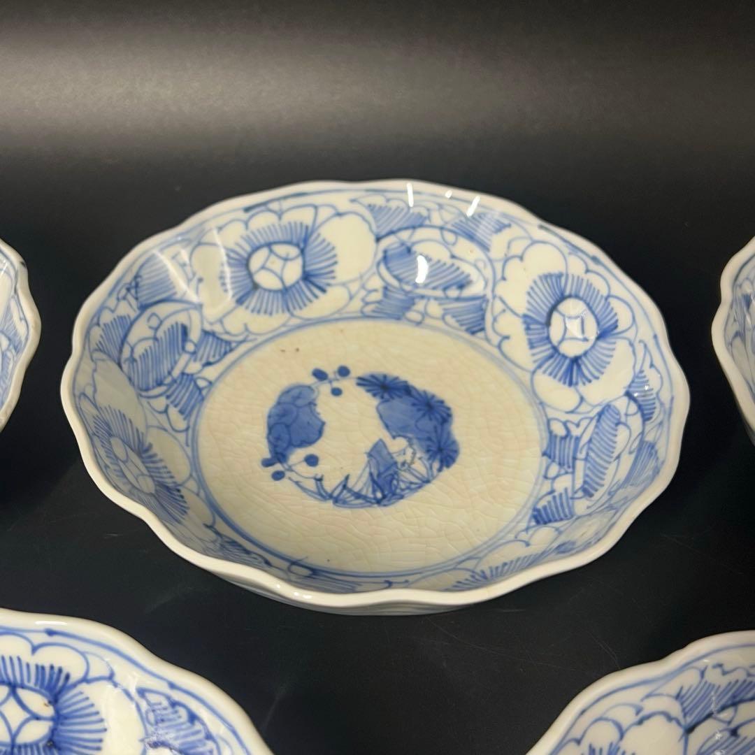 明治期 染付 松竹梅図 なます皿 5客揃 白磁 貫入◎古道具庵々