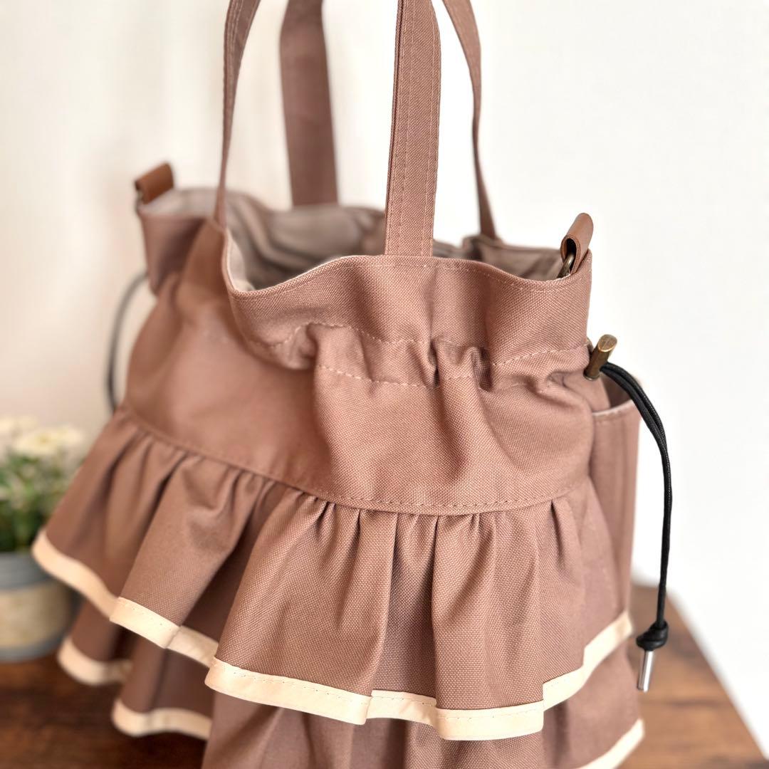 【えり】ダブルフリル巾着ショルダーバッグ　帆布　ココア×エレガントフラワー