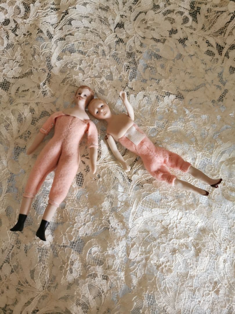 アンティーク チャイナヘッドドール ふっくらピンクフェルト ペア 夫婦 カップル