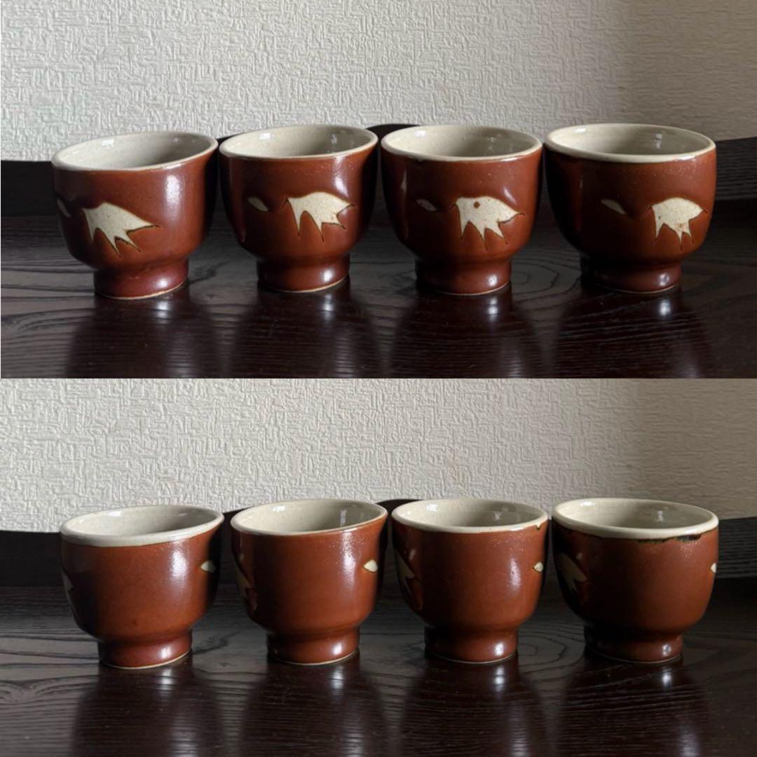 民藝 古作 益子焼 柿釉 抜絵 茶器揃 急須 湯呑み4客 古民藝 民芸