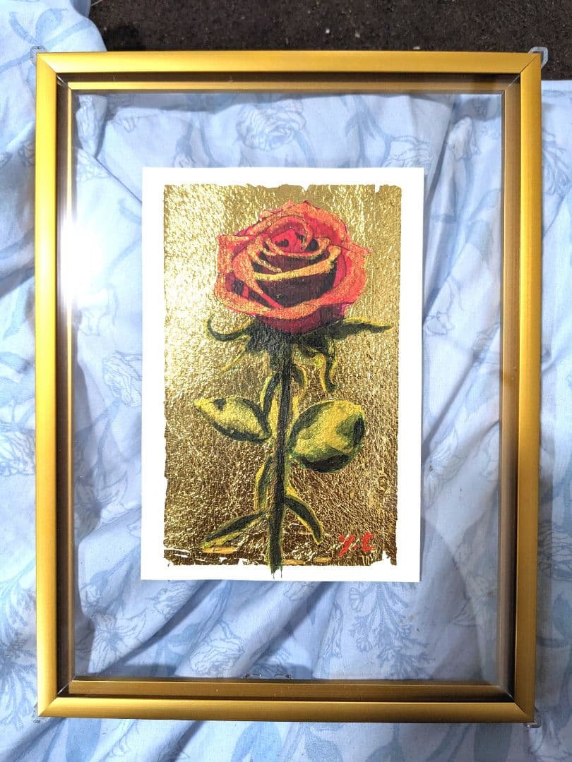 超美品！値下げ交渉あり。赤薔薇　金箔　アクリル画　絵画