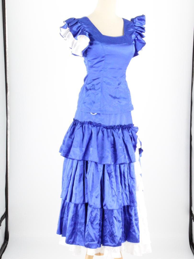 【フラメンコ衣装 ツーピースセット】光沢ブルー×光沢ホワイト　ブラウス ファルダ