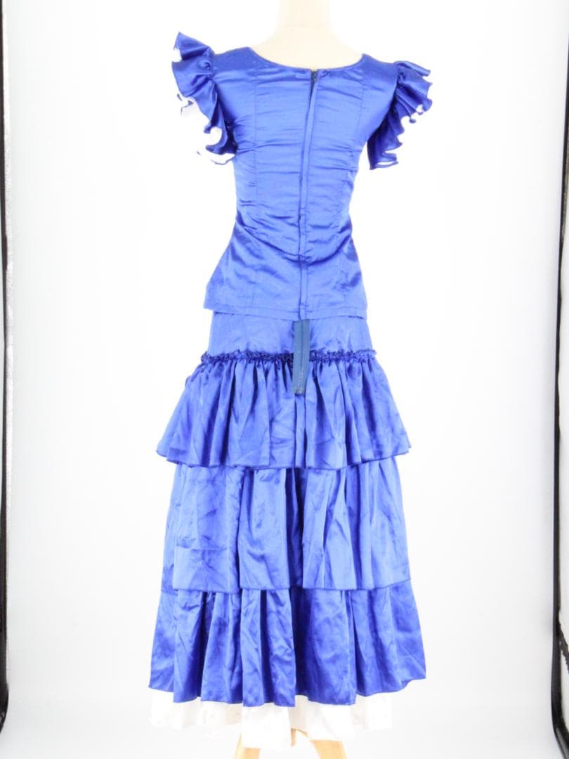 【フラメンコ衣装 ツーピースセット】光沢ブルー×光沢ホワイト　ブラウス ファルダ