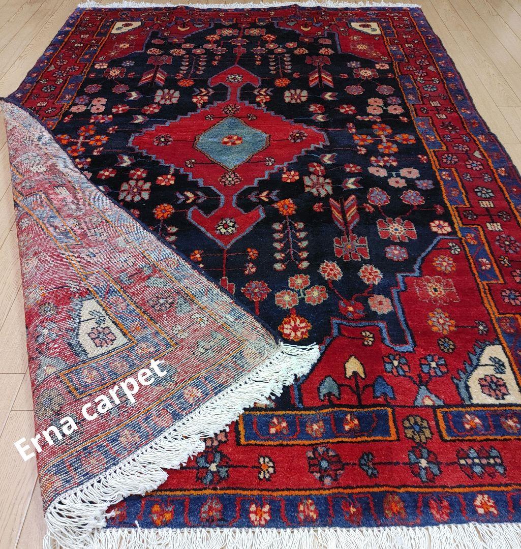 ペルシャ絨毯 205x135 手織り 美術品 草木染 ハマダン産クリーニング済み