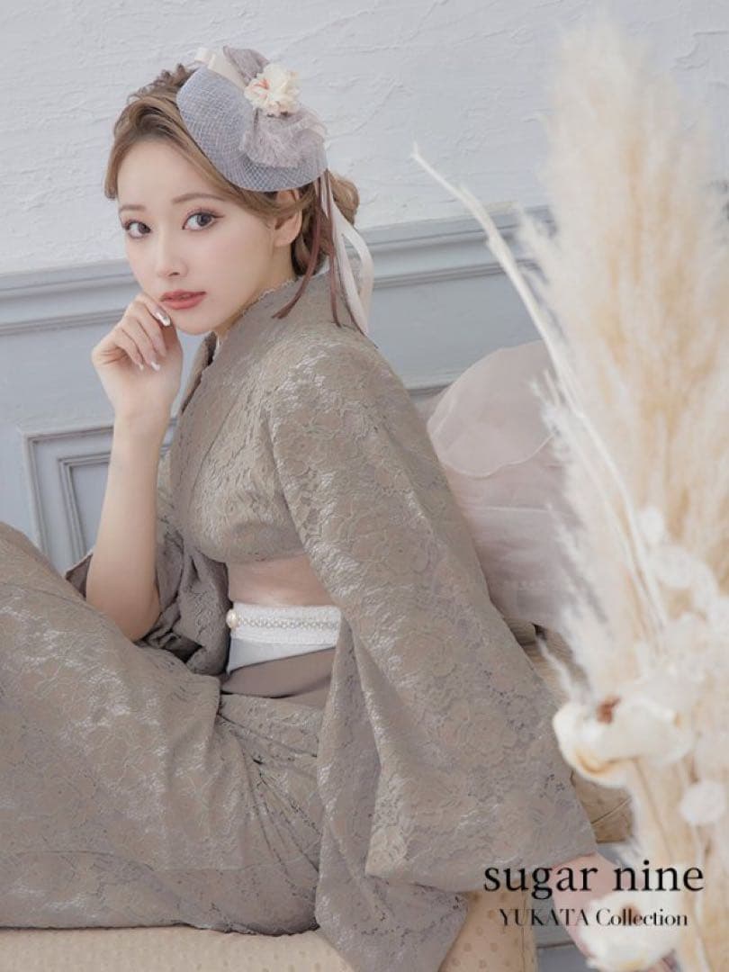 sugar 浴衣　フルセット　レース　モカ　ピンク　下駄　帯飾り　兵児帯　セット