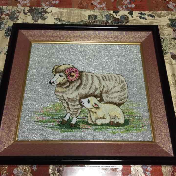 額絵 （手作り刺繍）羊の親子
