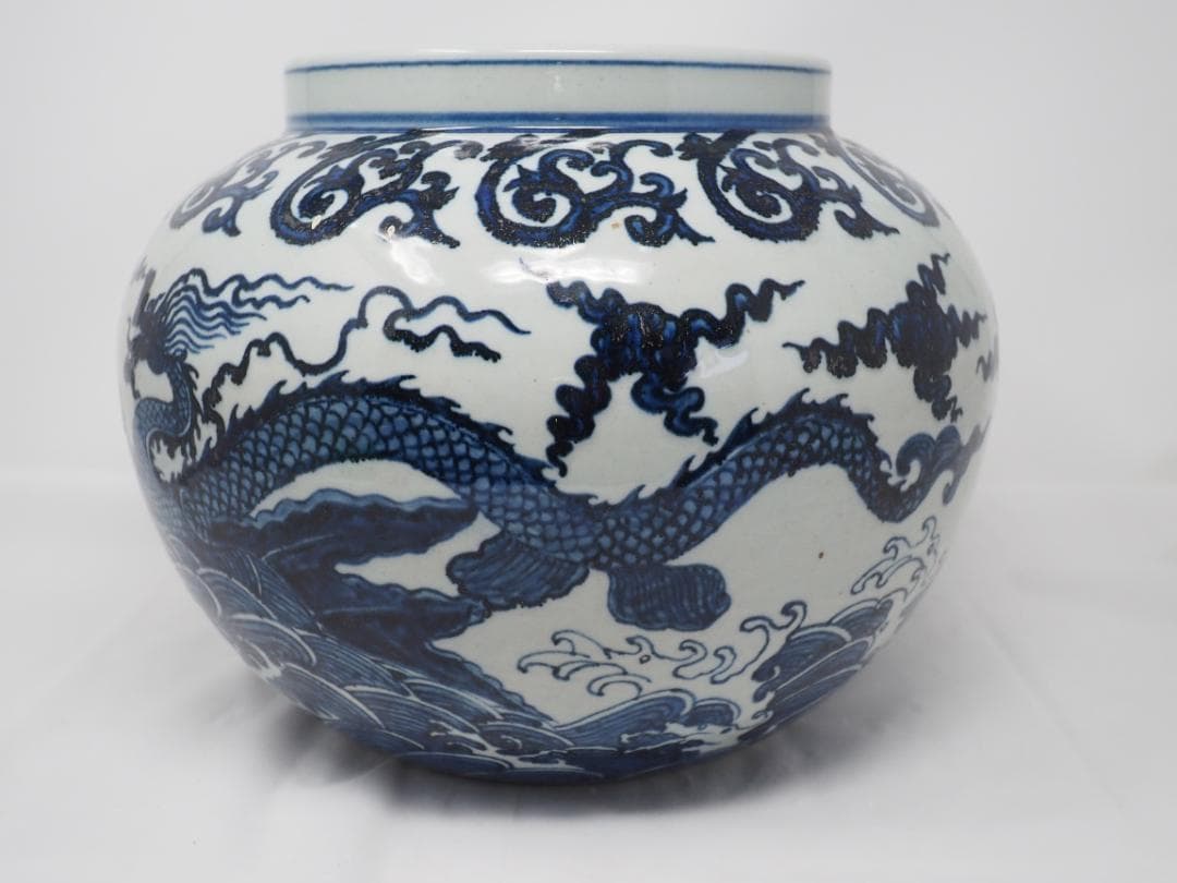 中国　染付竜文壺　龍デザイン　染付　花瓶　-SO