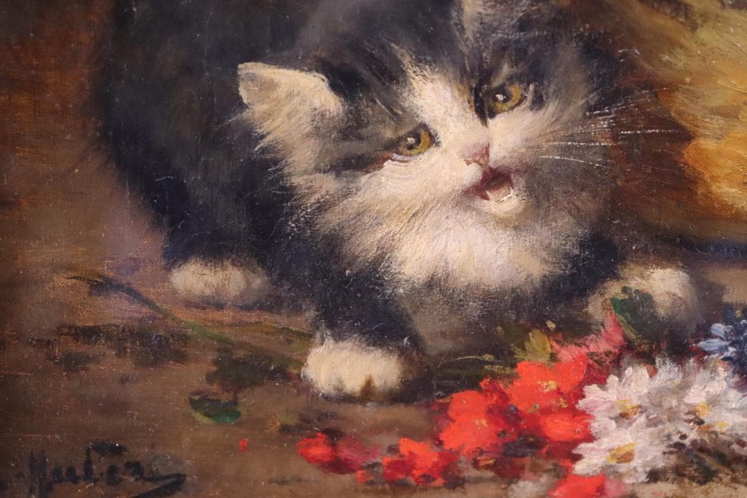 真作保証 19世紀 古画 「3匹の猫」 油彩4号 希少な動物画