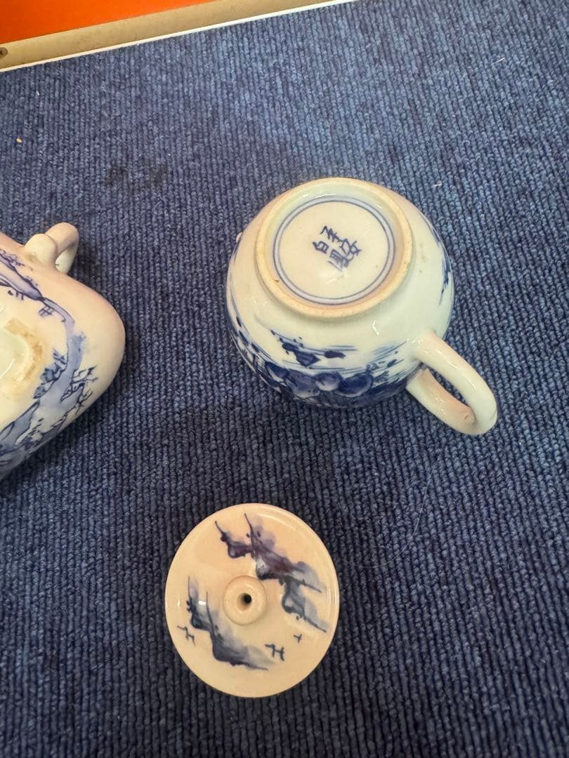 1683 平安白鳳　染付山水　急須1客　湯冷し1客