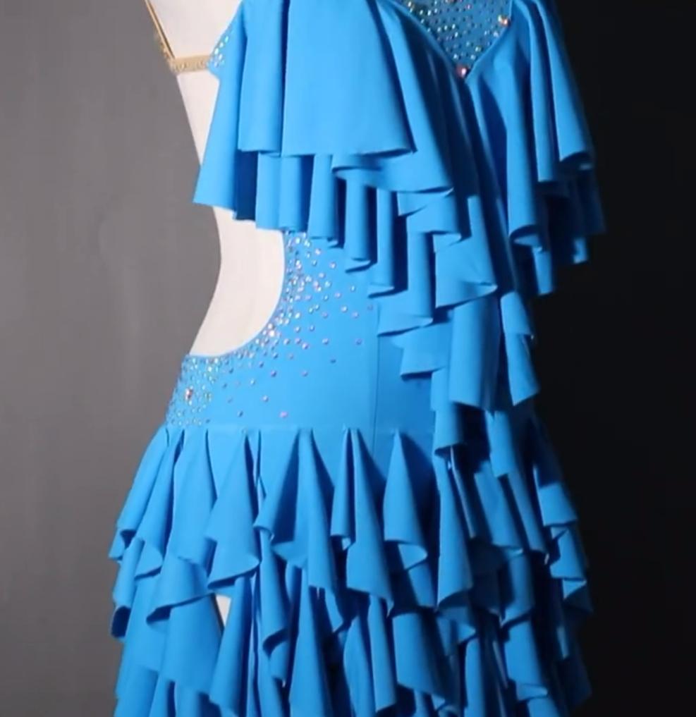 新品未使用 社交ダンス衣装 ラテンワンピースドレス 空ブルー オーダーメイド