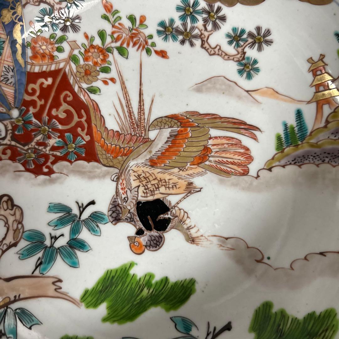 古伊万里、染錦、花鳥図、赤玉、中鉢。