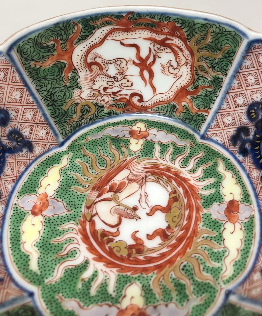 継続出品 江戸時代 有田焼 献上 古伊万里 色絵 団鳳凰雲龍文 木瓜型小鉢