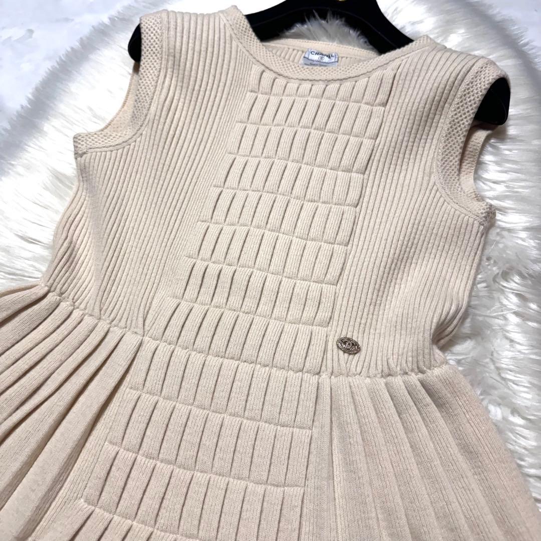 本物 美品 シャネル COCO装飾 ブロックデザイン プリーツ ワンピース 42