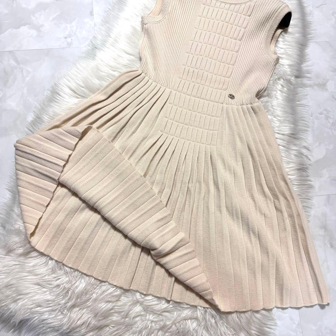 本物 美品 シャネル COCO装飾 ブロックデザイン プリーツ ワンピース 42