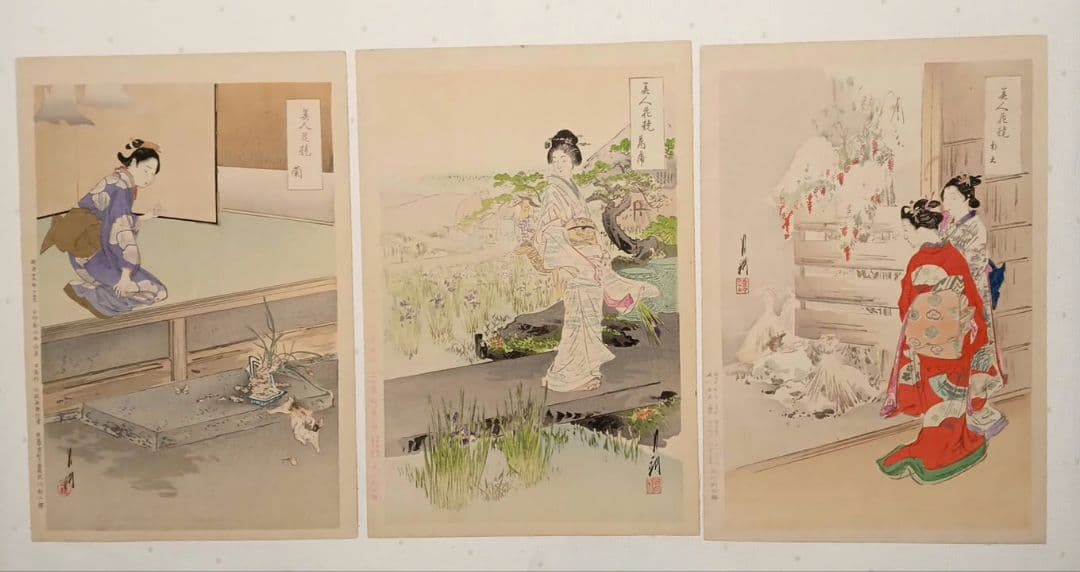 浮世絵版画、美人花競（全24枚揃い目録付き画帖崩れ) 尾形月耕画明治20年代出版