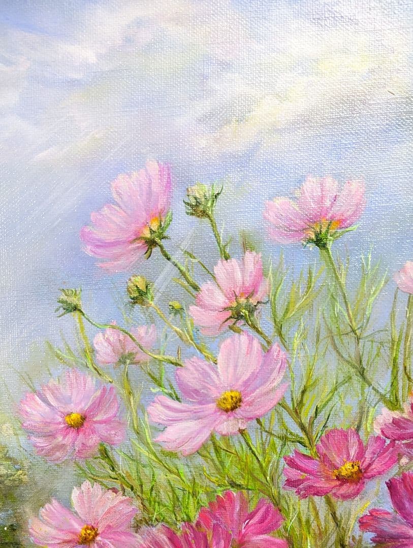コスモス　風景画　painterTMK真筆　花風景画　肉筆　花絵画　油絵