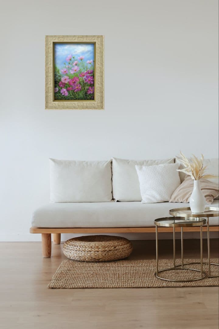 コスモス　風景画　painterTMK真筆　花風景画　肉筆　花絵画　油絵