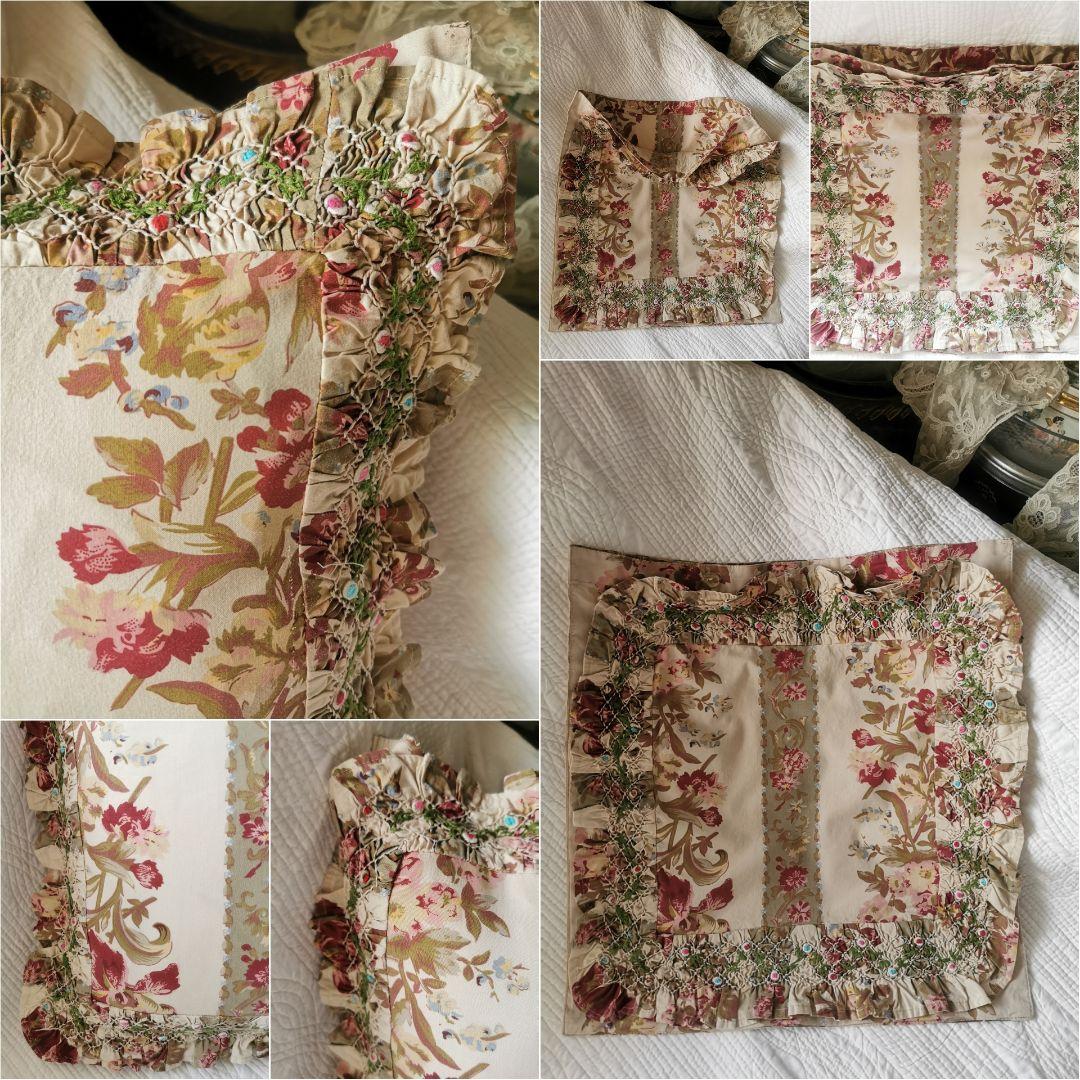 ヴィンテージ フランス スモック＆バリオン刺繍 花柄ファブリッククッションカバー