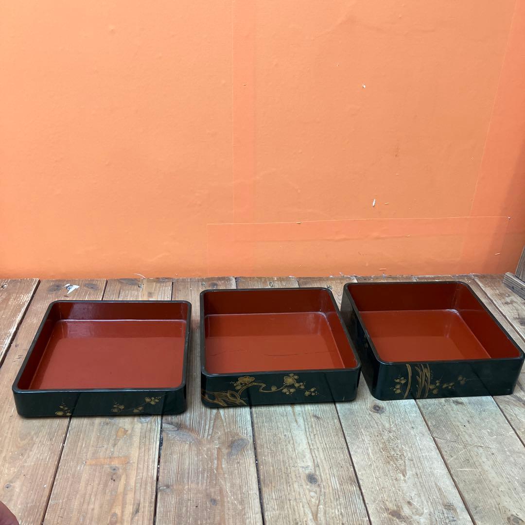 D-5 吉原重 時代物 野弁当 漆器 お重箱 提重 木製 蒔絵 桐箱入り 骨董品