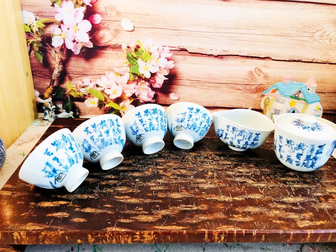 京焼染付寶瓶/ 湯冷/茶碗6点揃い　田能村直入 / 画 | 明治-19世紀頃