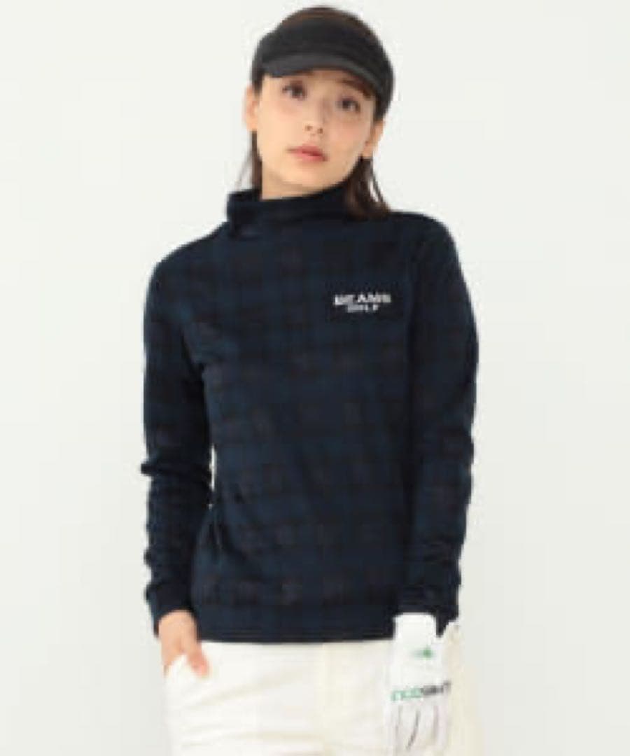 【美品】BEAMS GOLF パープルレーベル チェック柄モックネック長袖シャツ
