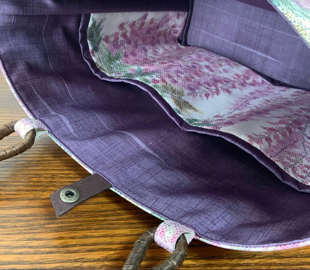 大島紬　満開の藤の花　リメイク　胡桃皮ハンドルバッグ