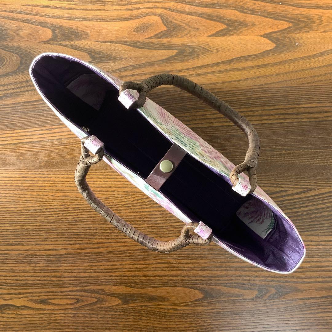 大島紬　満開の藤の花　リメイク　胡桃皮ハンドルバッグ