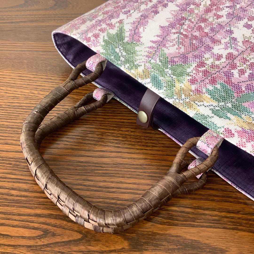 大島紬　満開の藤の花　リメイク　胡桃皮ハンドルバッグ