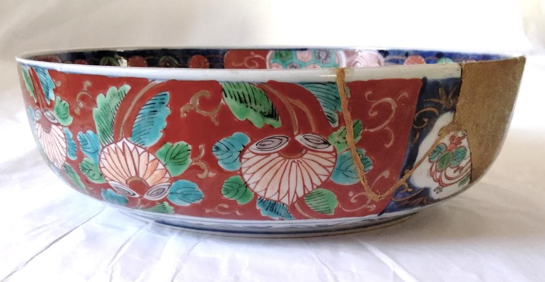 陶器 大深鉢(大) 荒波に獅子・牡丹・鳳凰 色絵 二重鉢揃い Ab-318