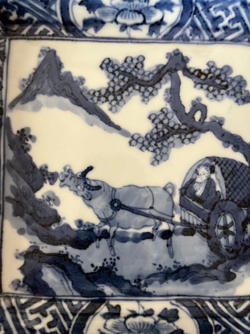 希少　中国古美術明時代　天啓古染付　牛車翁　紗綾紋　隅切角皿　古伊万里　清朝期