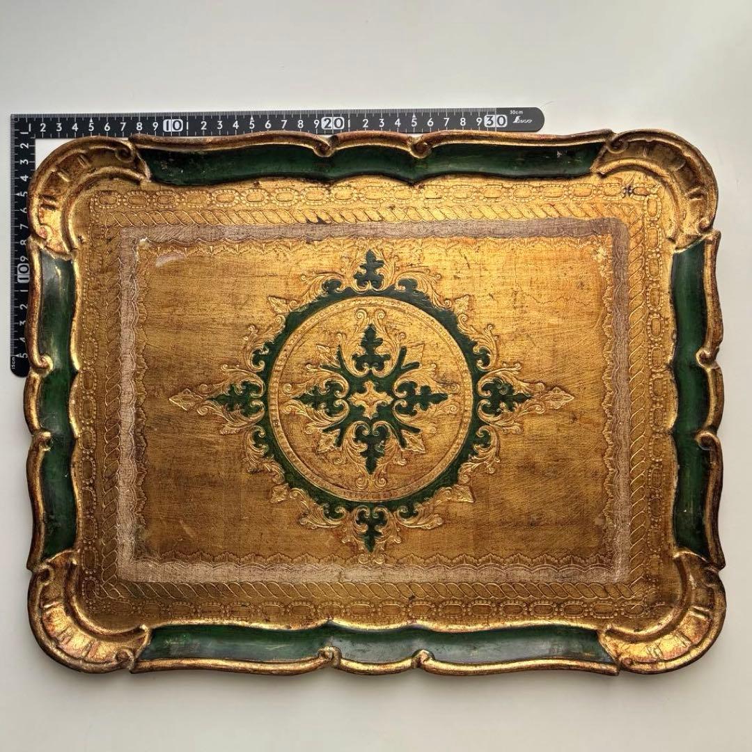 【イタリア】ヴィンテージ 木製 トレイ フロレンタイン 金色 深緑 大きめ