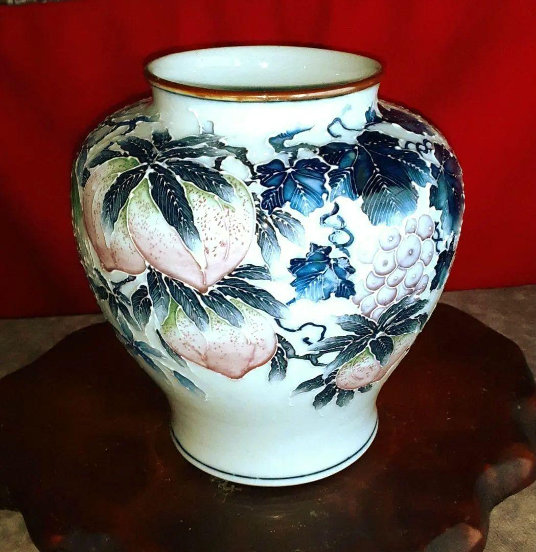 河本礫亭　青華白盛果実文　花瓶 S