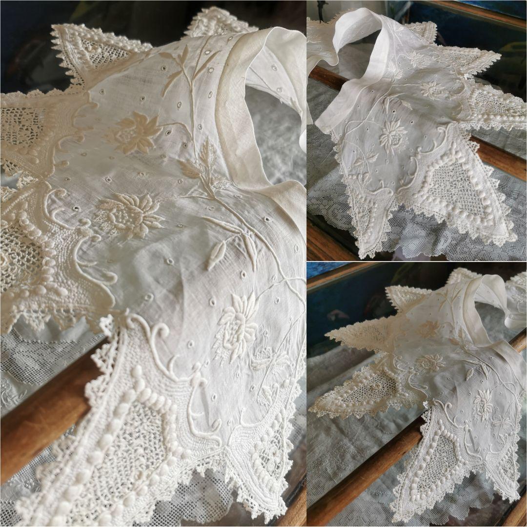 アンティークフランス 9片の花弁 アイレット＆薔薇盛上げ刺繍 クロシェ編み付け襟