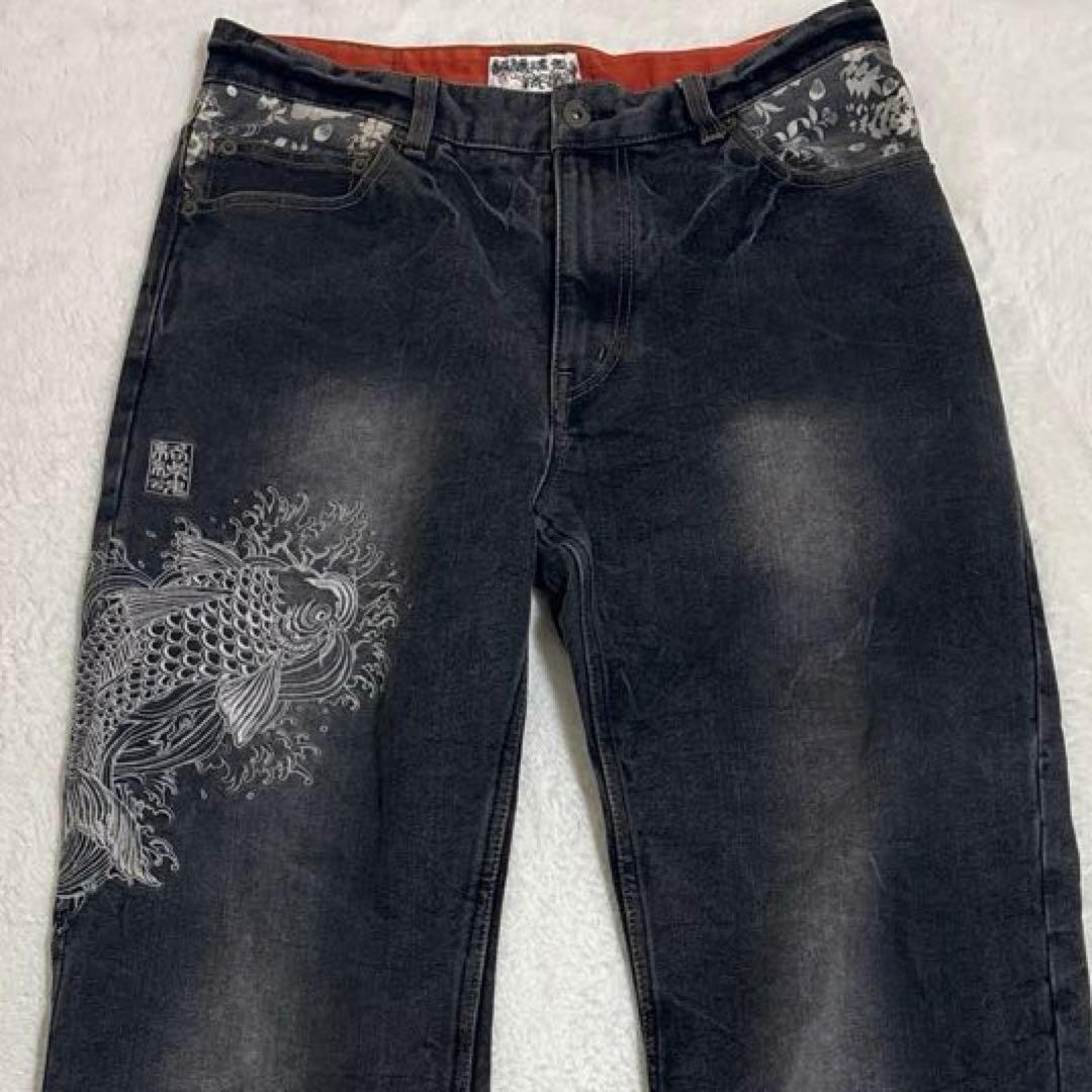 絡繰魂 Karakuri ブラックデニム W32 鯉刺繍 シルバー 5連ポケット