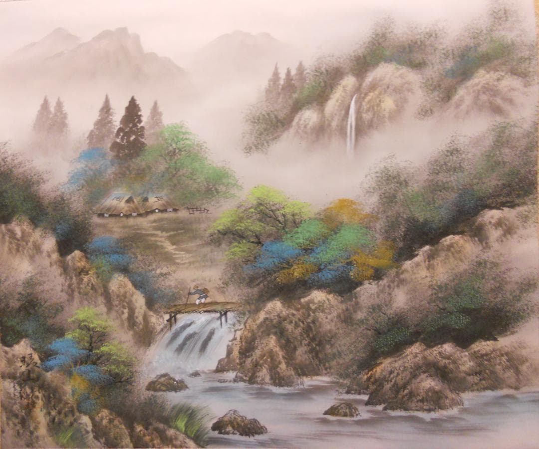 掛け軸 梅田晴山 彩色山水 絹本 希少 軸装 茶道具 掛軸 美品 です。